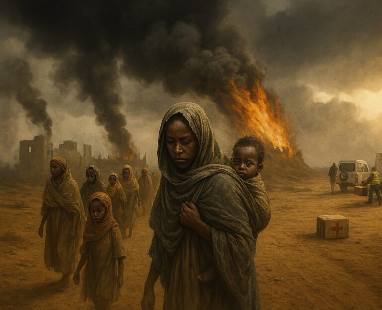 Civili in fuga tra fumo e distruzione a El Fasher, Nord Darfur, durante il conflitto in Sudan