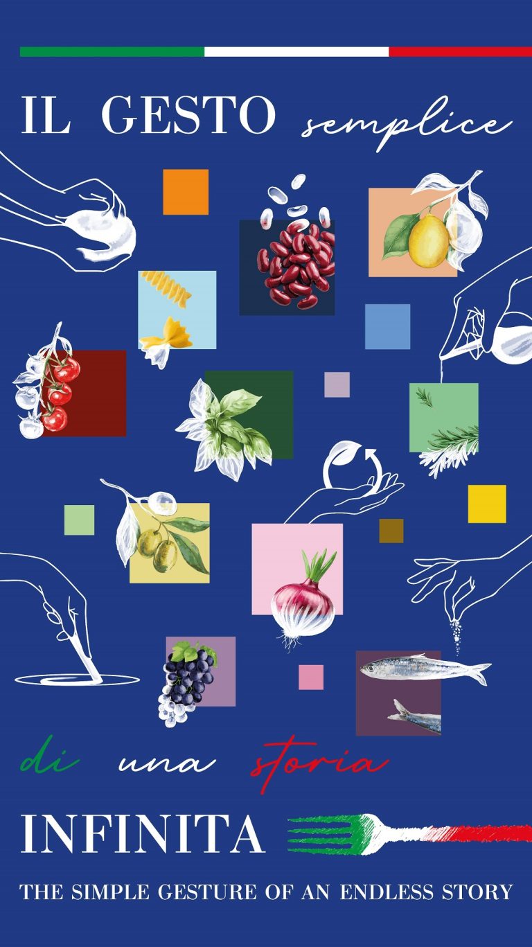 Poster artistico del progetto ‘Il Gesto Semplice di una Storia Infinita’, con ingredienti iconici della cucina italiana e gesti delle mani su sfondo blu