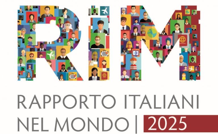 Immagine di copertina del Rapporto Italiani nel Mondo 2025 con illustrazioni diverse e temi globali