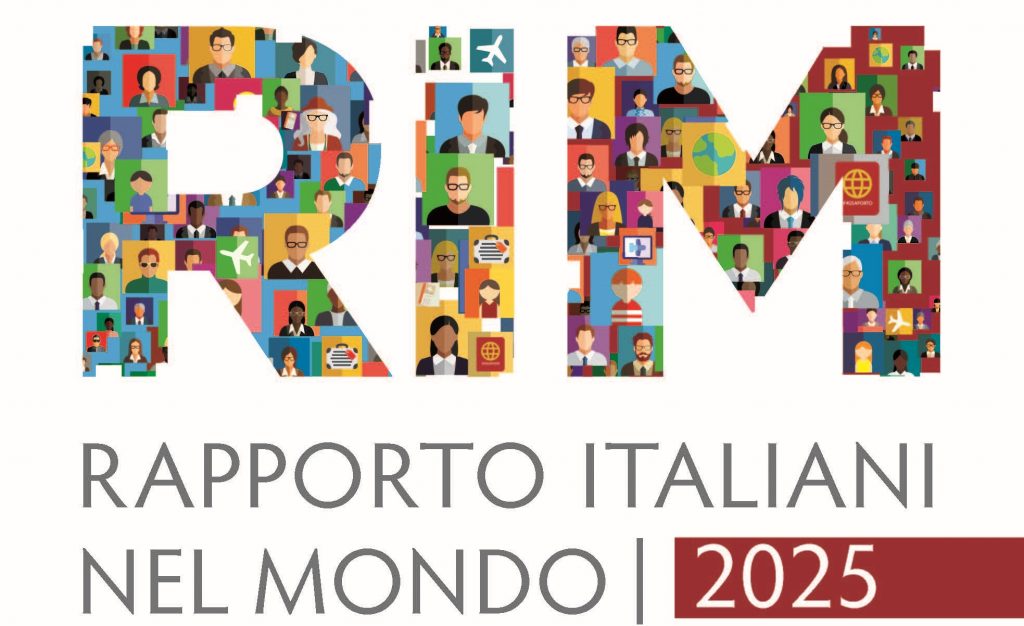 Immagine di copertina del Rapporto Italiani nel Mondo 2025 con illustrazioni diverse e temi globali