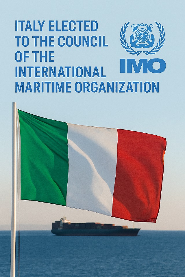 Bandiera italiana con nave cargo sullo sfondo e logo IMO, a simboleggiare l’elezione dell’Italia nel Consiglio dell’Organizzazione Marittima Internazionale