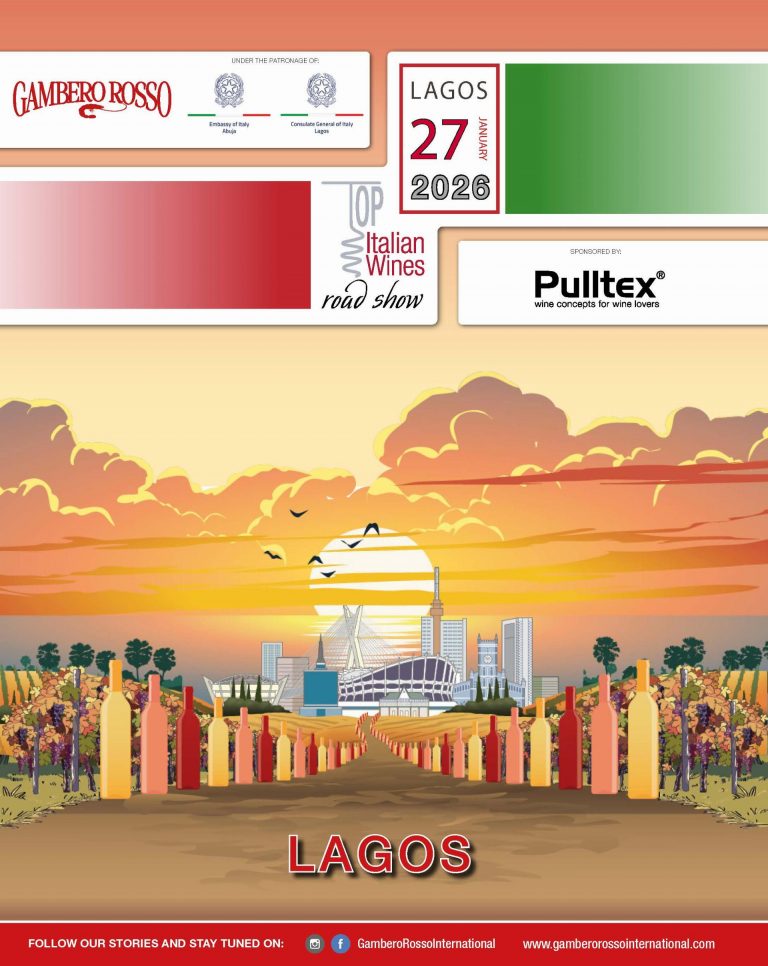 Poster promozionale del Top Italian Wines Roadshow 2026 a Lagos, Nigeria, organizzato da Gambero Rosso con il patrocinio delle istituzioni italiane