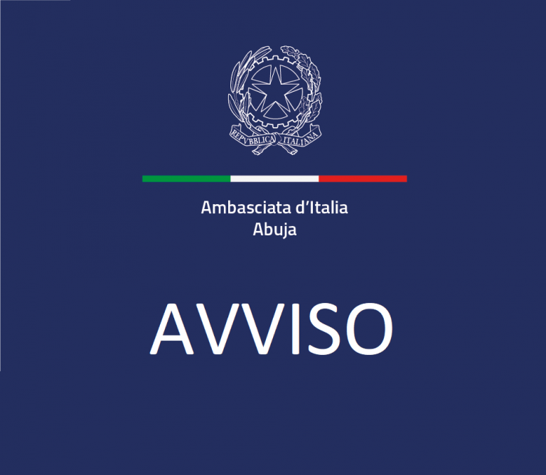 Emblema della Repubblica Italiana su sfondo blu con la scritta “AVVISO” al centro, per comunicazione istituzionale.