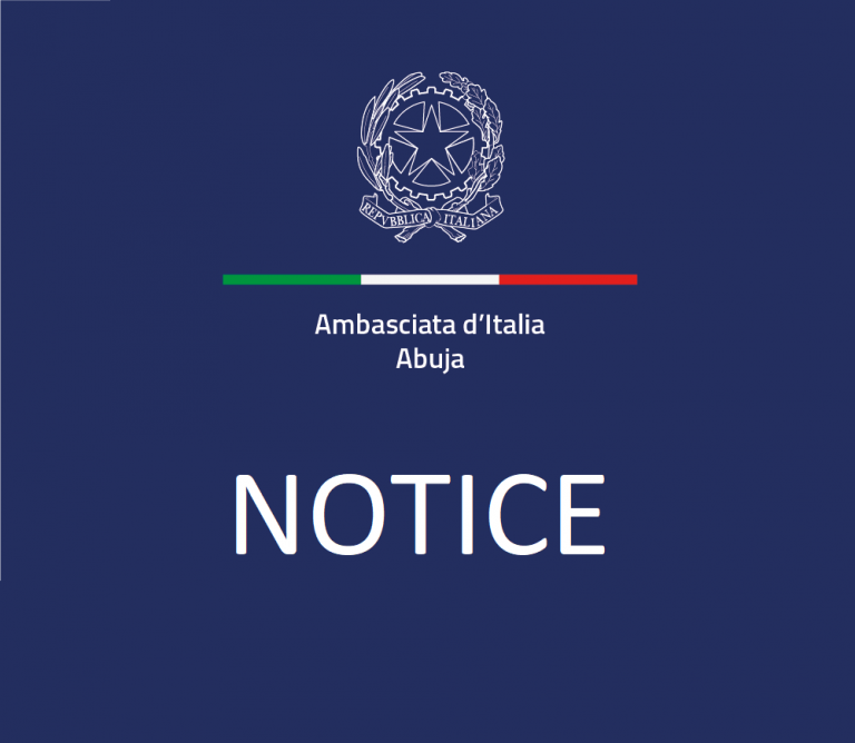 Italian Republic emblem on a blue background with the word “NOTICE” centered, used for an official announcement.