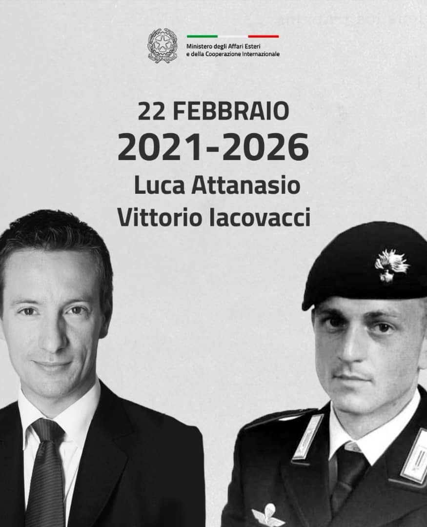 Poster commemorativo con le immagini di Luca Attanasio e Vittorio Iacovacci nel V anniversario della loro scomparsa.