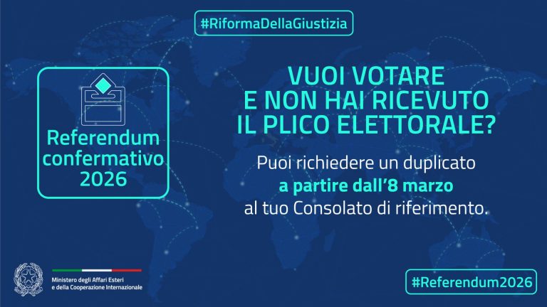 Poster informativo del Ministero degli Affari Esteri sul referendum costituzionale 2026, con istruzioni per richiedere il duplicato del plico elettorale presso il Consolato