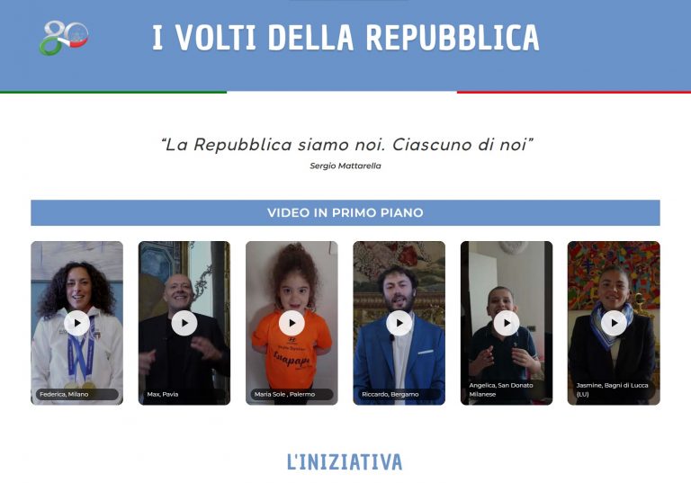 Pagina dell’iniziativa “I Volti della Repubblica” con citazione del Presidente Mattarella e anteprime video di cittadini che raccontano cosa rappresenta per loro la Repubblica.