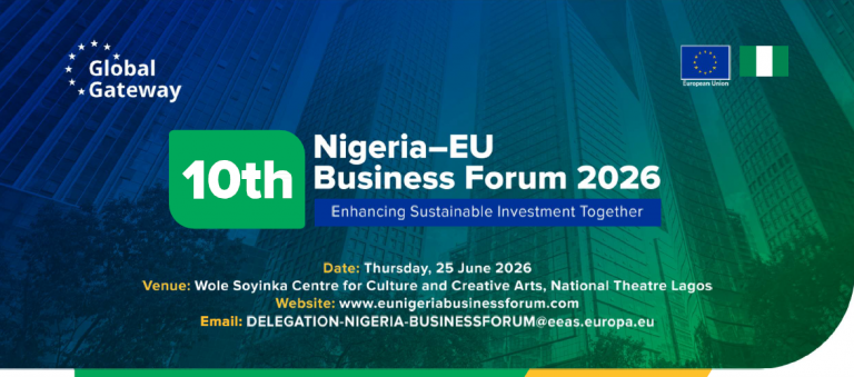 Banner del 10th Nigeria–EU Business Forum 2026 con tema “Enhancing Sustainable Investment Together”, data dell’evento e loghi UE, Nigeria e Global Gateway.