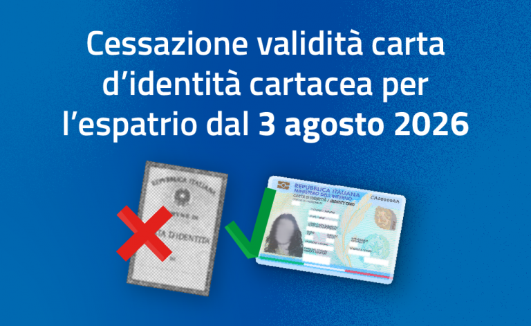 Annuncio ufficiale sulla fine della validità della carta d’identità cartacea italiana per l’espatrio dal 3 agosto 2026, con immagine della vecchia carta barrata e della nuova CIE approvata.