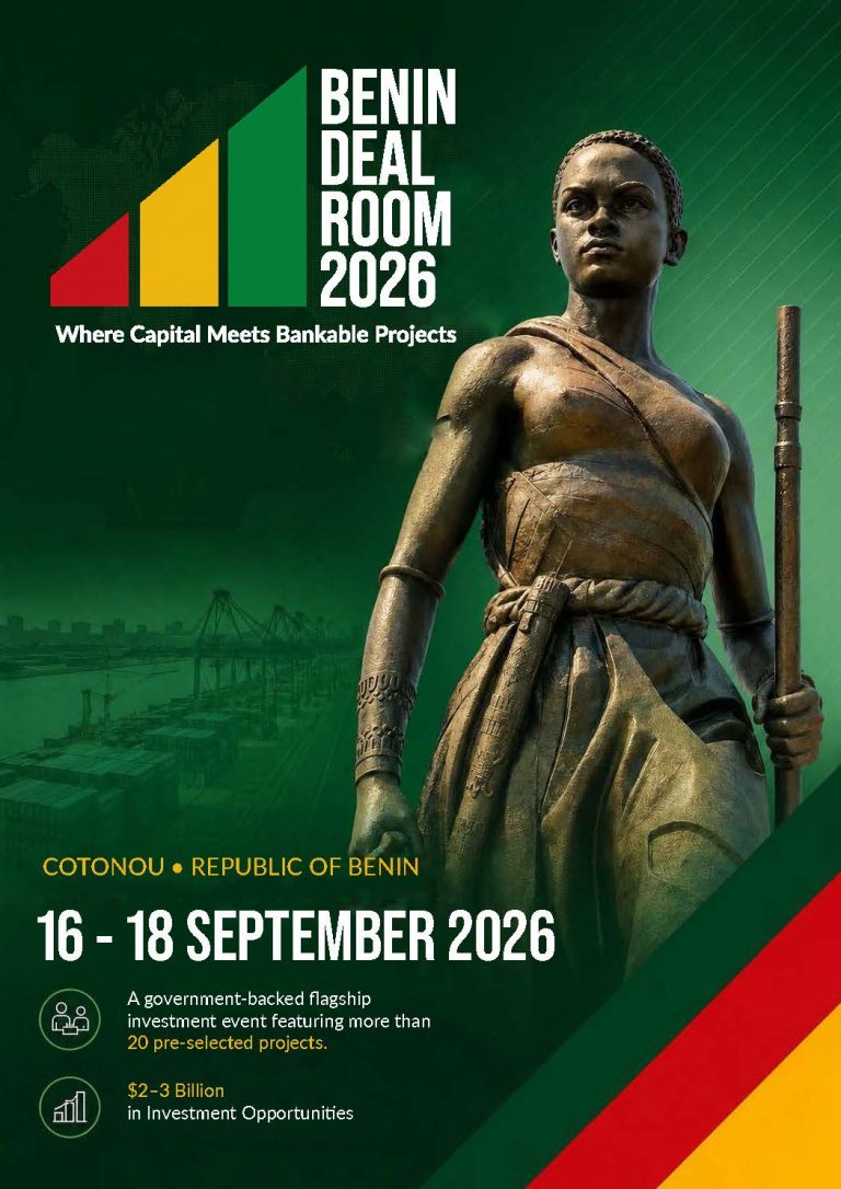 Poster ufficiale Benin Deal Room 2026 con statua bronzea e logo colorato, promozione dell’evento di investimento a Cotonou dal 16 al 18 settembre 2026, con opportunità da 2–3 miliardi di dollari.