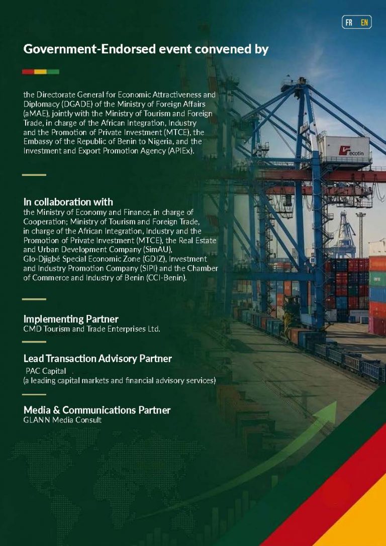 Poster ufficiale Benin Deal Room 2026 con statua bronzea e logo colorato, promozione dell’evento di investimento a Cotonou dal 16 al 18 settembre 2026, con opportunità da 2–3 miliardi di dollari.