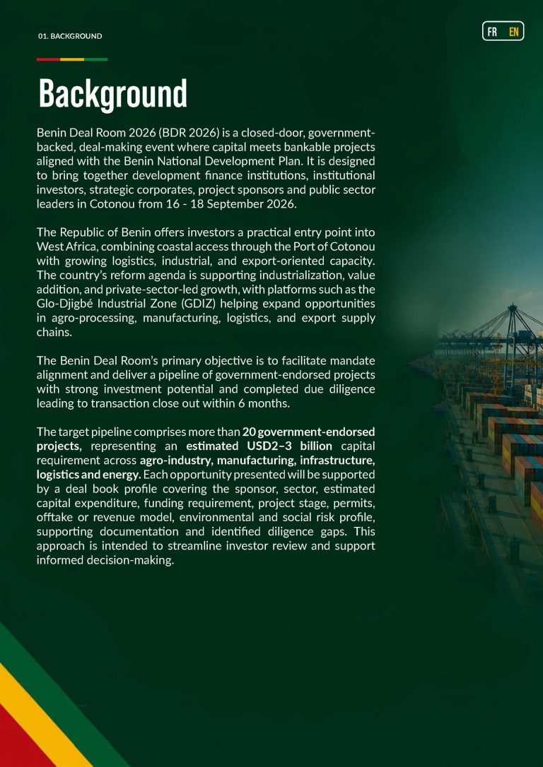 Poster ufficiale Benin Deal Room 2026 con statua bronzea e logo colorato, promozione dell’evento di investimento a Cotonou dal 16 al 18 settembre 2026, con opportunità da 2–3 miliardi di dollari.