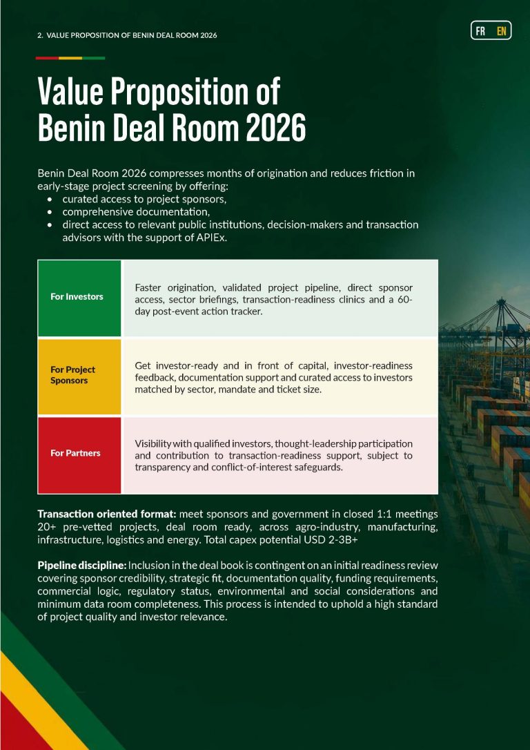 Poster ufficiale Benin Deal Room 2026 con statua bronzea e logo colorato, promozione dell’evento di investimento a Cotonou dal 16 al 18 settembre 2026, con opportunità da 2–3 miliardi di dollari.