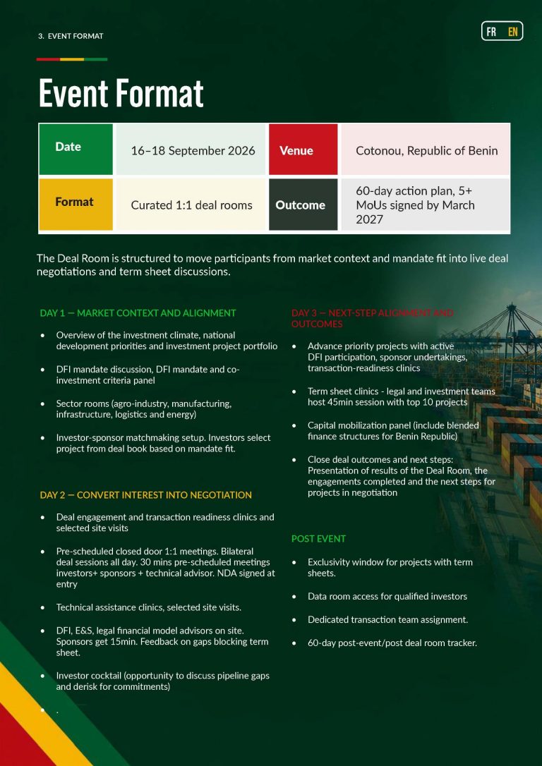 Poster ufficiale Benin Deal Room 2026 con statua bronzea e logo colorato, promozione dell’evento di investimento a Cotonou dal 16 al 18 settembre 2026, con opportunità da 2–3 miliardi di dollari.