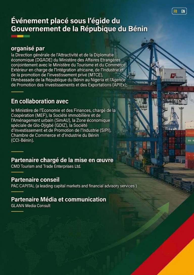 Poster ufficiale Benin Deal Room 2026 con statua bronzea e logo colorato, promozione dell’evento di investimento a Cotonou dal 16 al 18 settembre 2026, con opportunità da 2–3 miliardi di dollari.