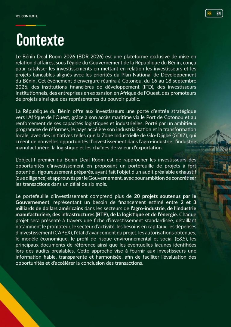 Poster ufficiale Benin Deal Room 2026 con statua bronzea e logo colorato, promozione dell’evento di investimento a Cotonou dal 16 al 18 settembre 2026, con opportunità da 2–3 miliardi di dollari.