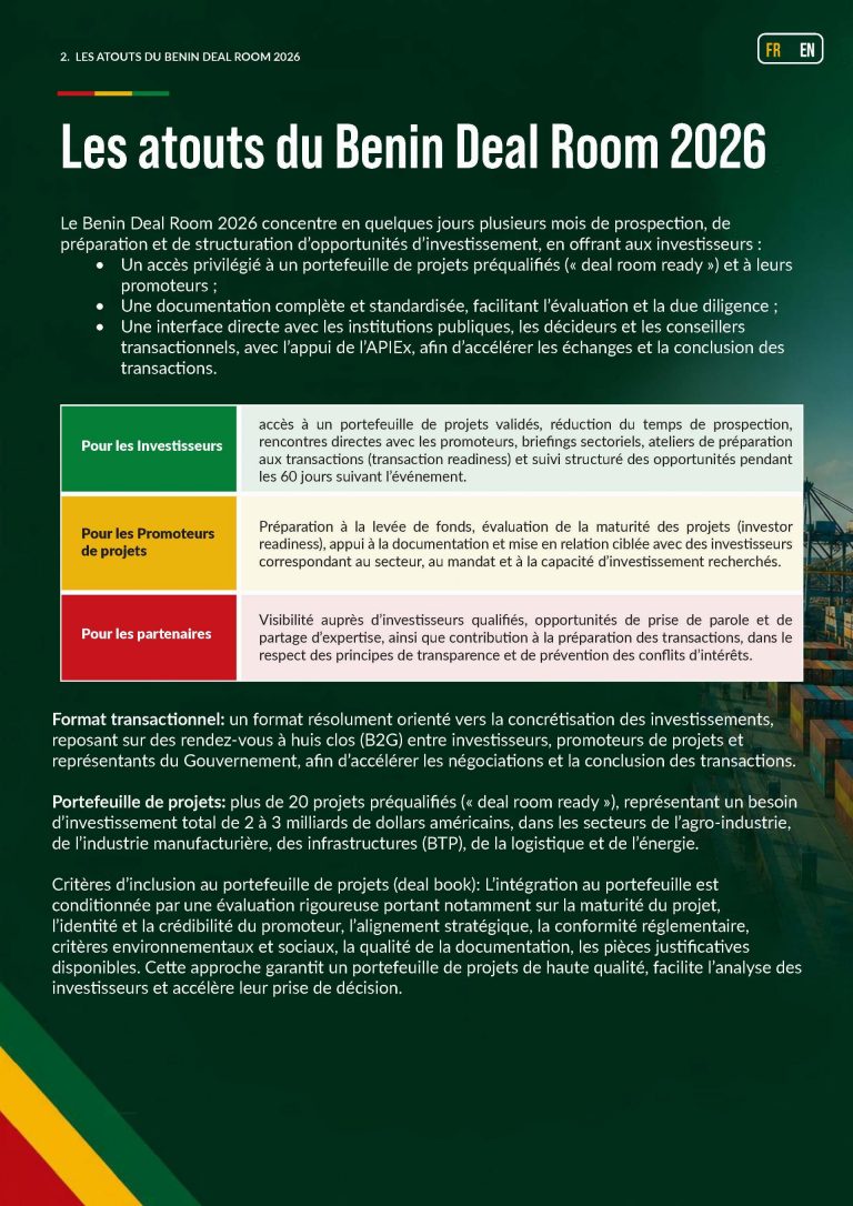 Poster ufficiale Benin Deal Room 2026 con statua bronzea e logo colorato, promozione dell’evento di investimento a Cotonou dal 16 al 18 settembre 2026, con opportunità da 2–3 miliardi di dollari.