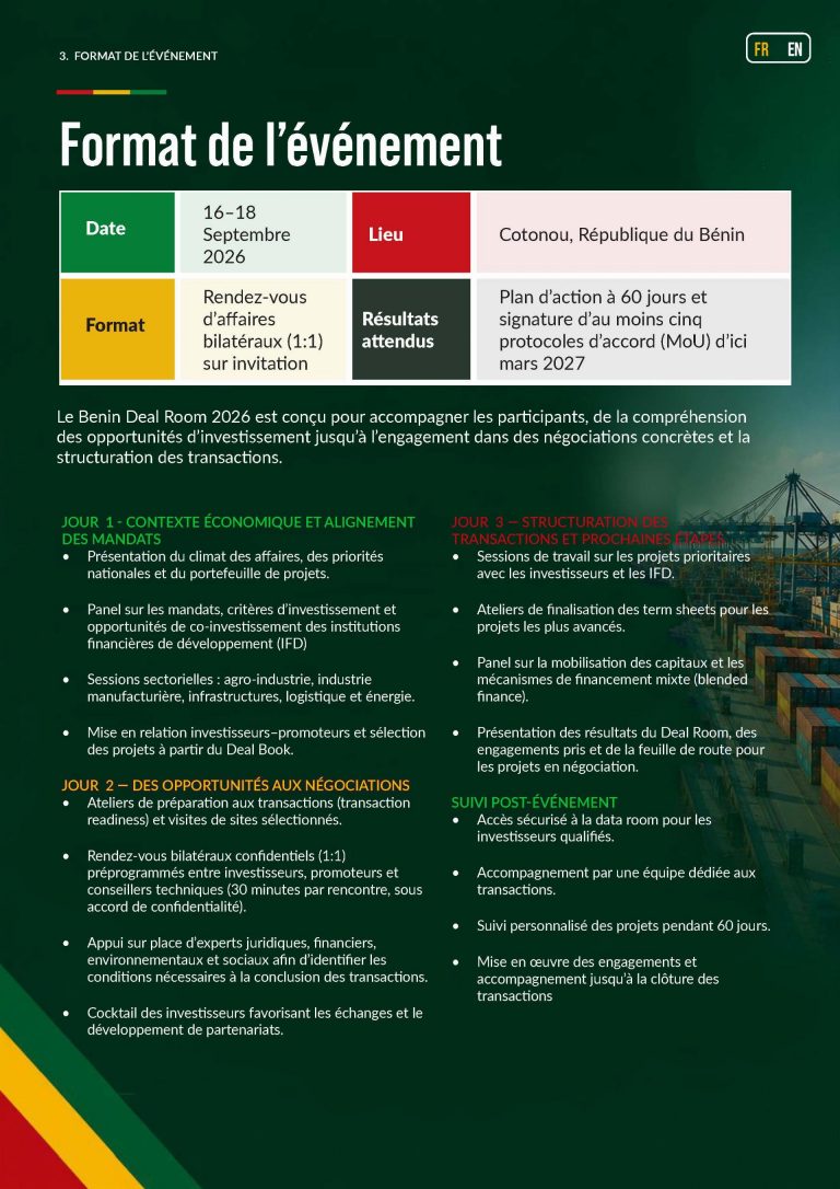 Poster ufficiale Benin Deal Room 2026 con statua bronzea e logo colorato, promozione dell’evento di investimento a Cotonou dal 16 al 18 settembre 2026, con opportunità da 2–3 miliardi di dollari.