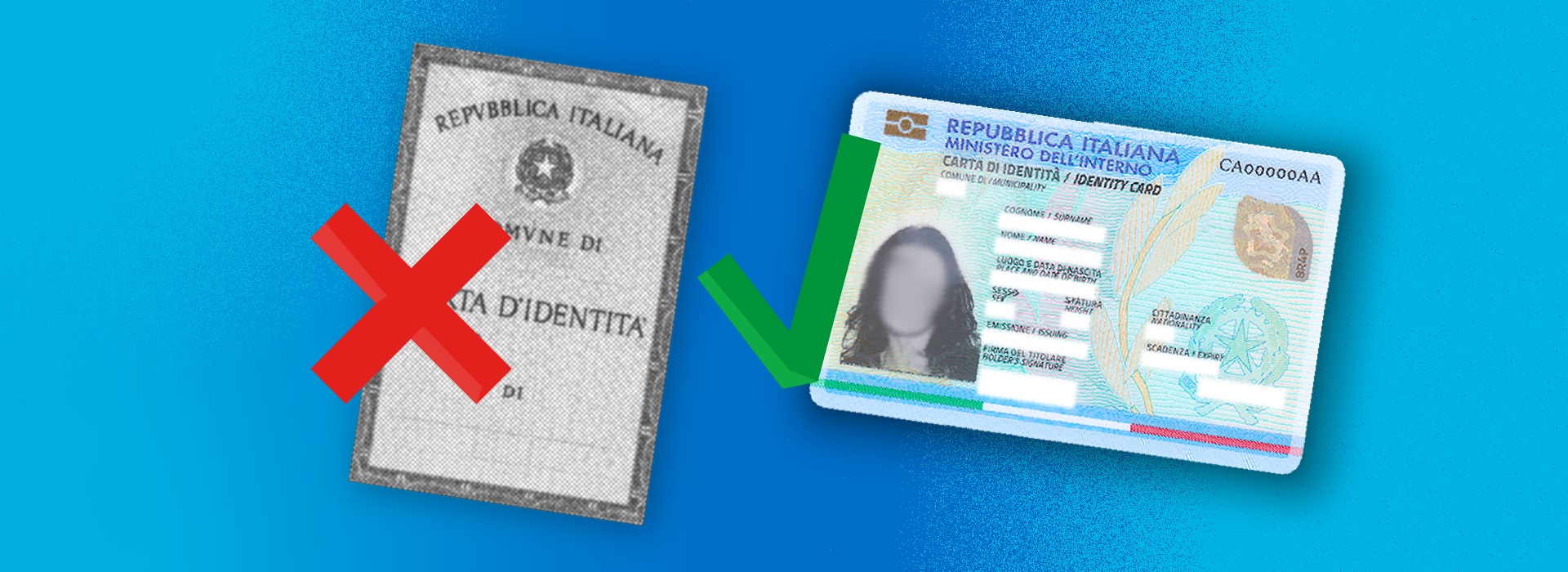 Annuncio ufficiale sulla fine della validità della carta d’identità cartacea italiana per l’espatrio dal 3 agosto 2026, con immagine della vecchia carta barrata e della nuova CIE approvata.