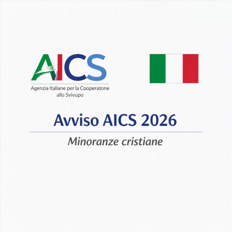 Logo AICS e bandiera italiana su sfondo bianco con titolo “Avviso AICS 2026 – Minoranze cristiane”