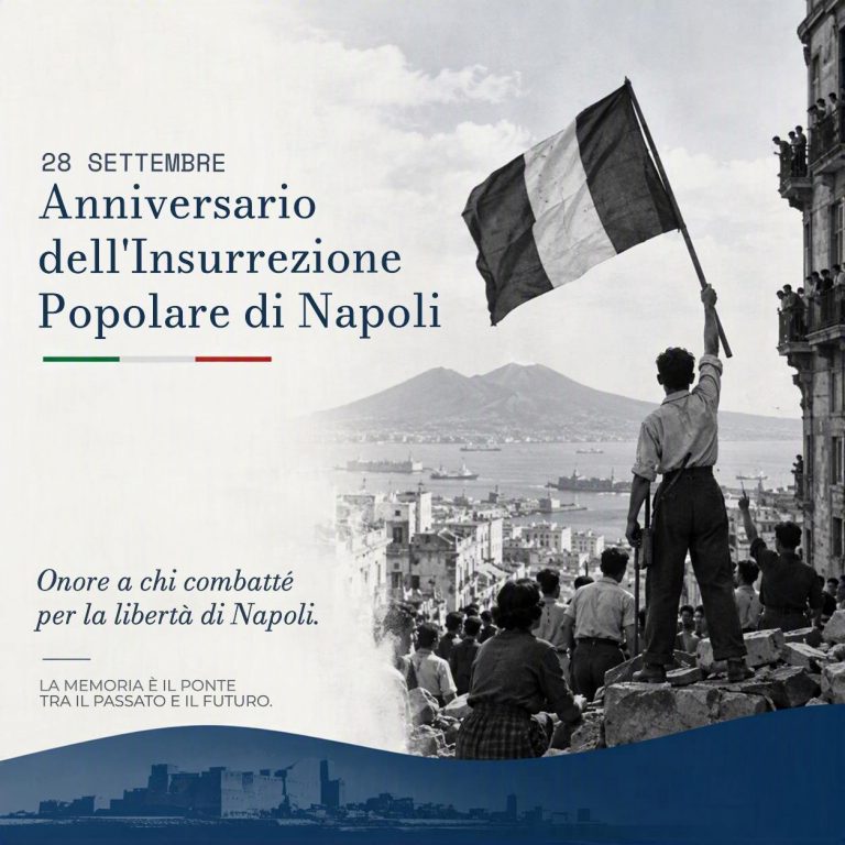 Grafica commemorativa delle Quattro Giornate di Napoli con panorama della città, Vesuvio sullo sfondo e bandiera italiana durante l'insurrezione popolare del settembre 1943.