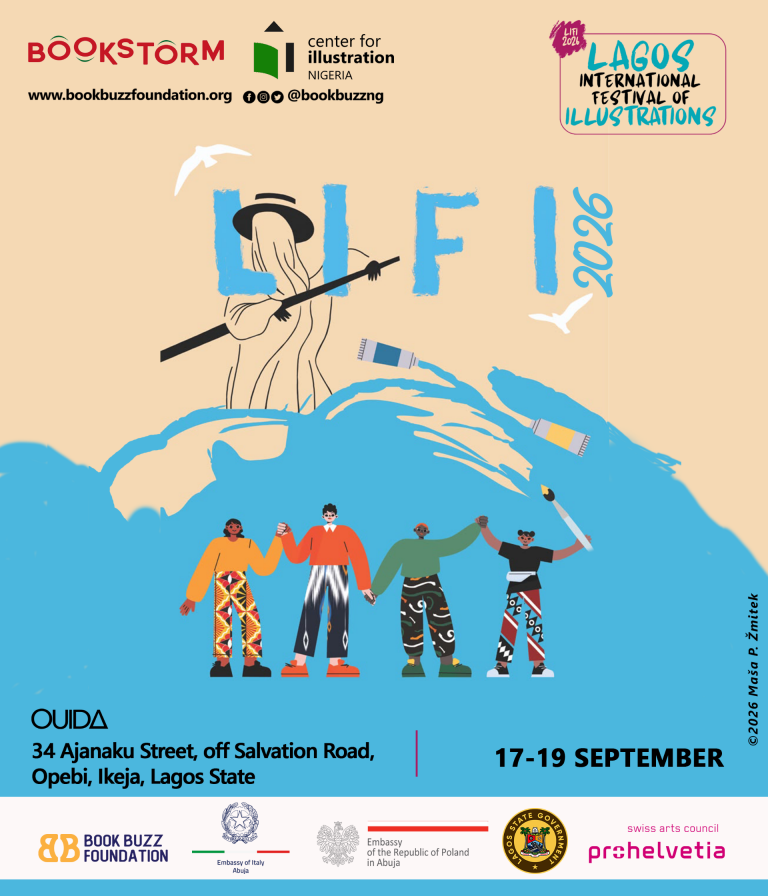 Poster ufficiale del Lagos International Festival of Illustrations 2026 con figure stilizzate e pennellate artistiche